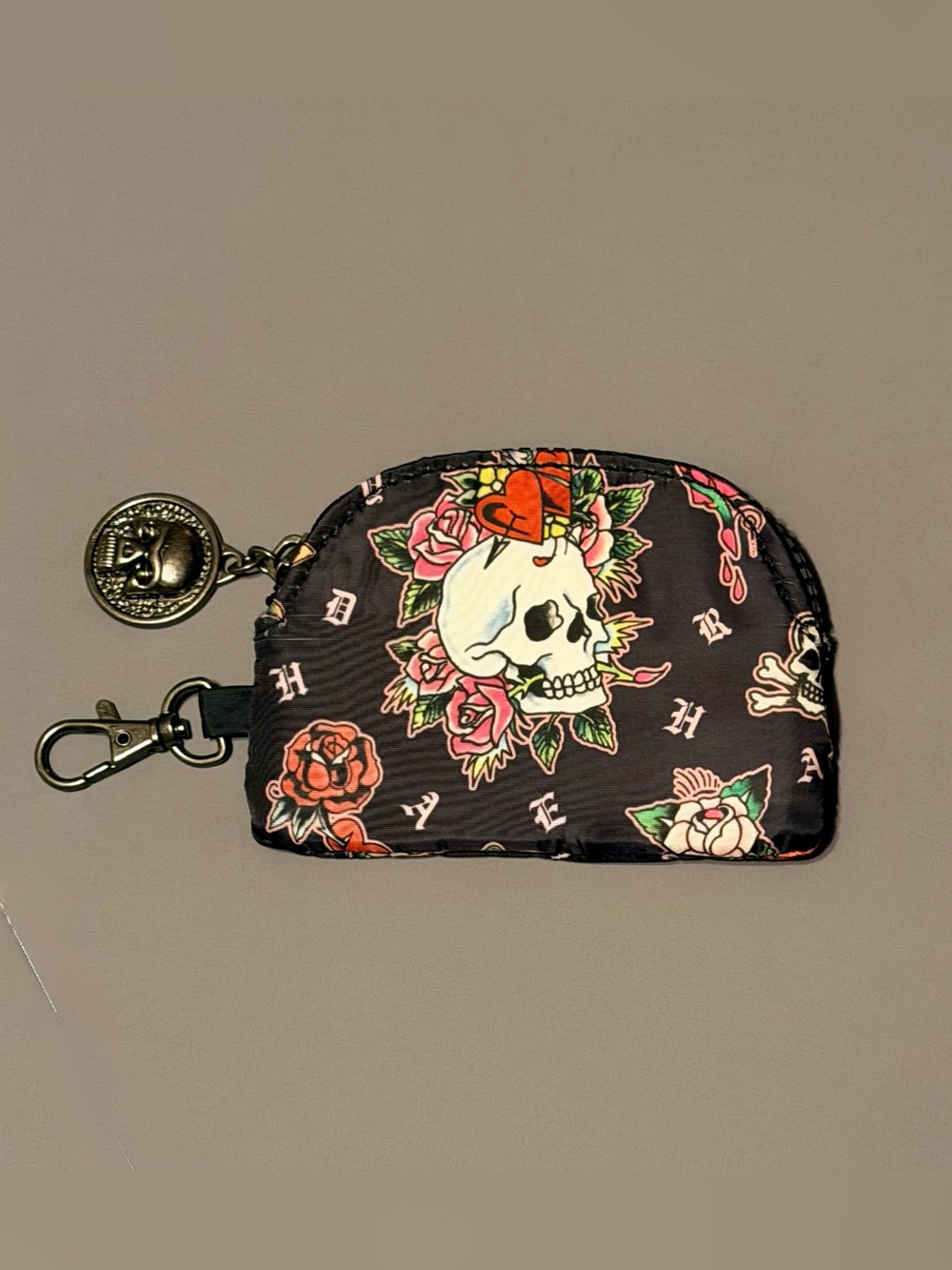 Ed Hardy Skull & Rose Coin Pouch Keychain - Black with Floral Print